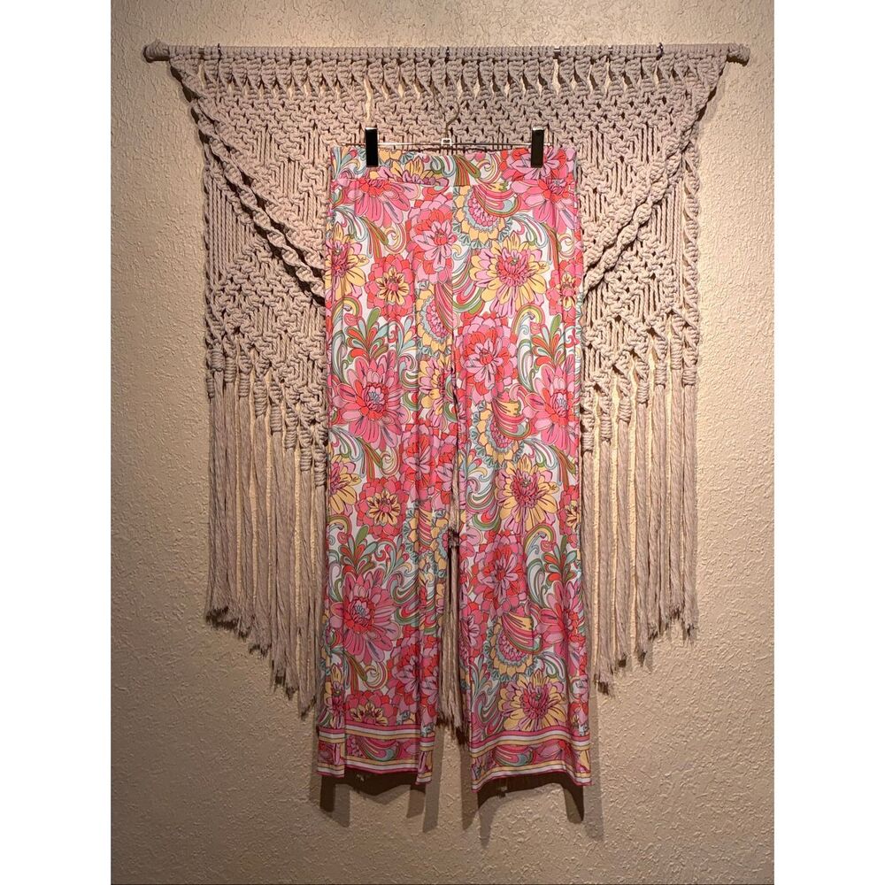The Boston Proper Wide Leg Resort Palazzo Pants Pink Mod 60s Flowers Summer Size